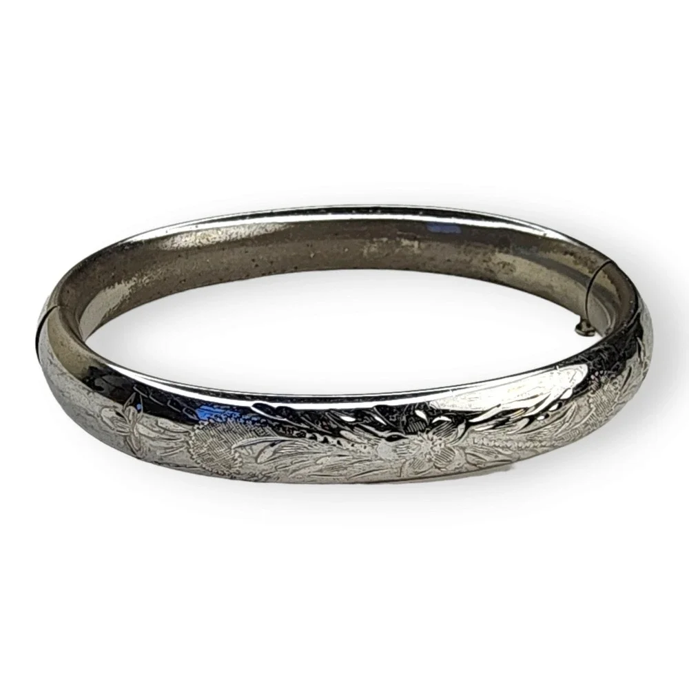 Vintage Sterling Silver 925 Hollow Hinged Signed HFB Bangle Bracelet